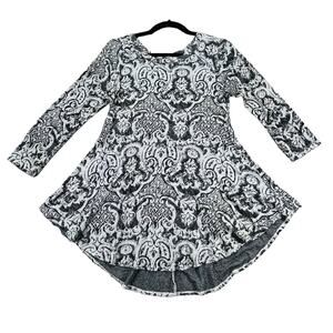 Tianello Steve Barazza Womens Medium Grey White Damask Tunic Top 3/4 Sleeve